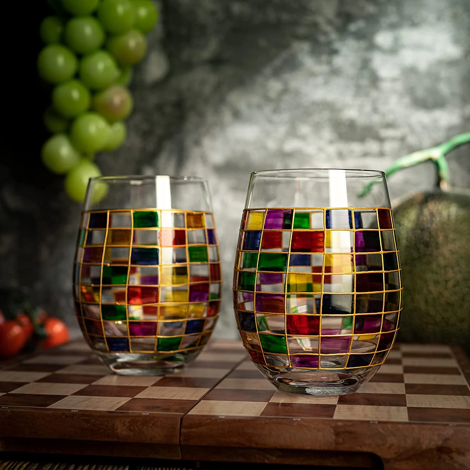 Renaissance Stained Wine Glasses Set of 2 (Stemless) - Keen Glass Solutions