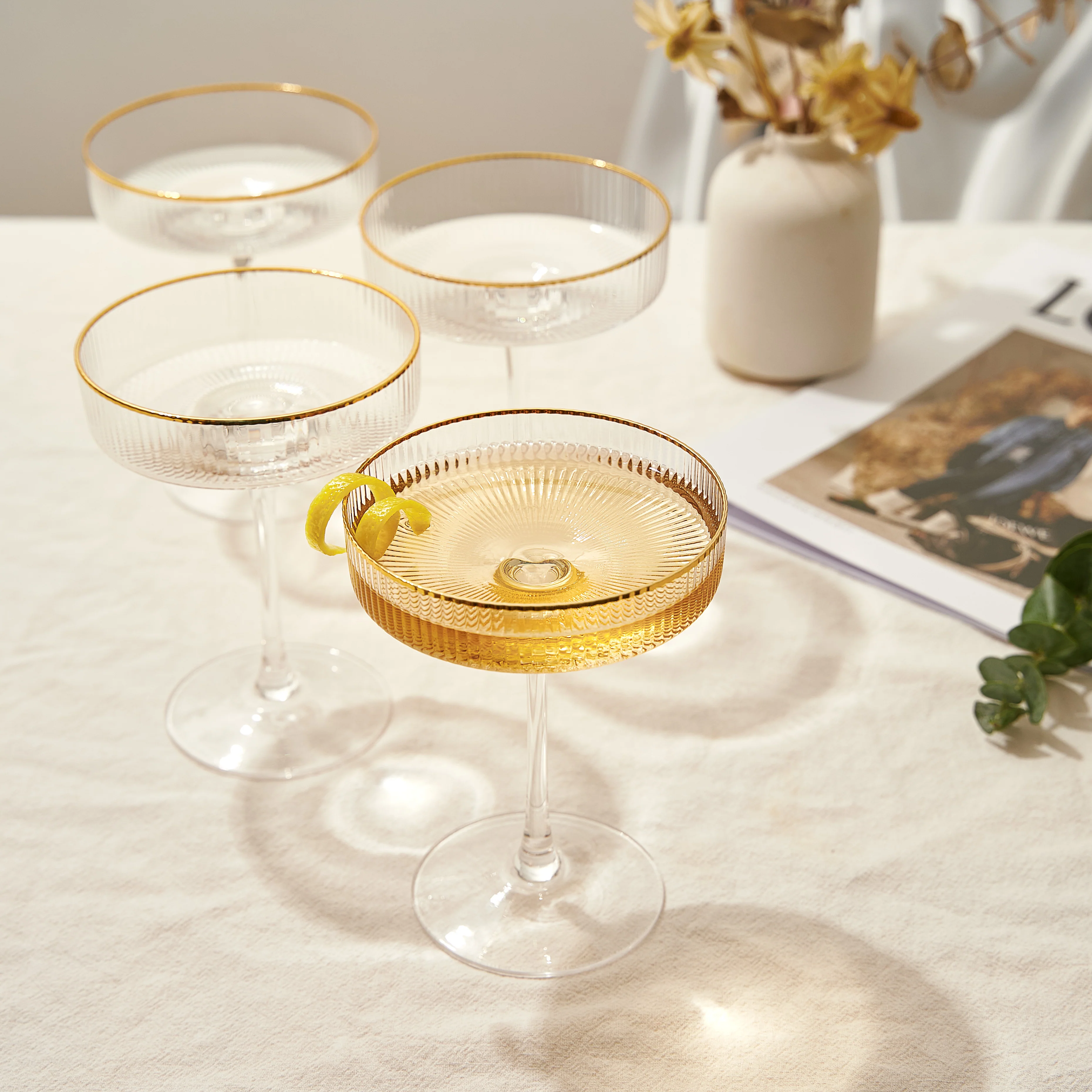 Ribbed Coupe Cocktail Glasses With Gold Rim 8 oz | Set of 4 - Keen Glass Solutions