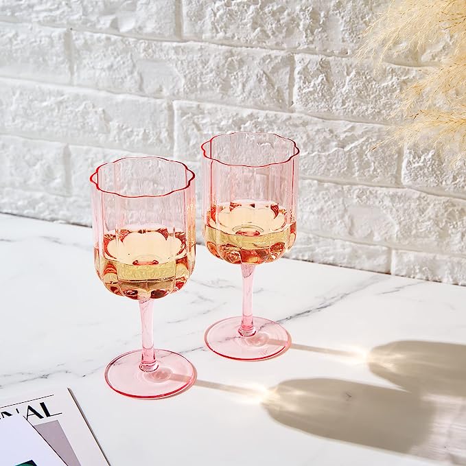 Flower Vintage Wine Glassware - Set of 2-13 oz (Pink) - Keen Glass Solutions