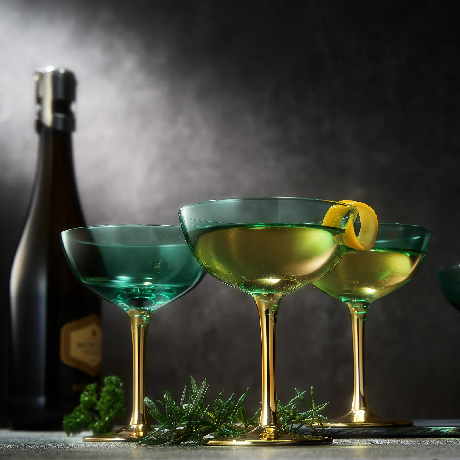 Colored Coupe Art Deco Glasses, Gold | Set of 2 | 12 oz - Keen Glass Solutions