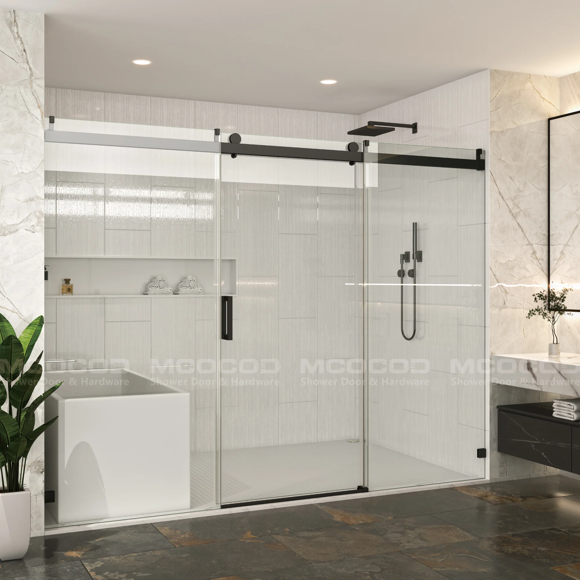 Customize for Large Openings Spaces Soft-Closing Single Sliding Frameless Shower Door - SS08-3 - Keen Glass Solutions