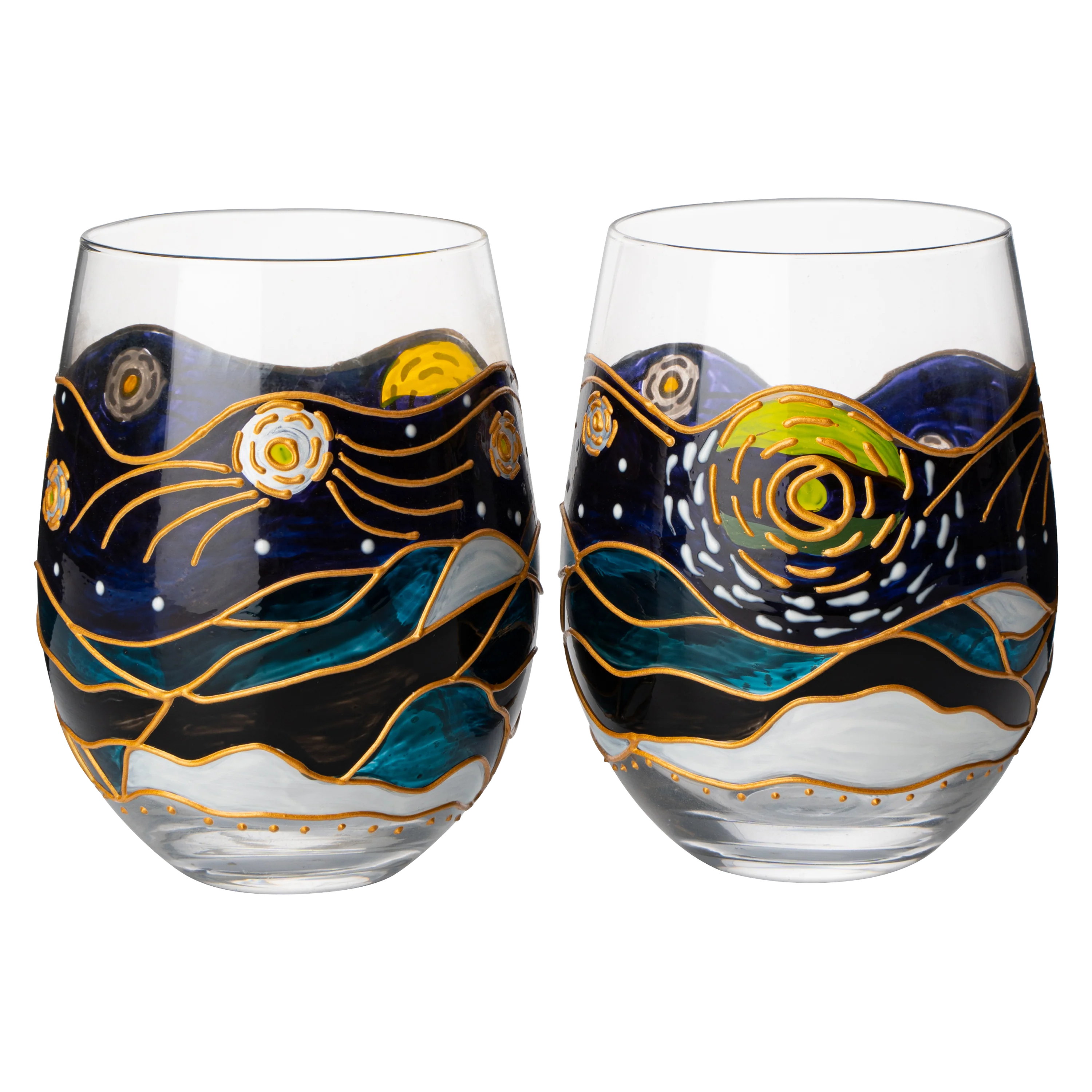 Vincent Van Gogh Wine Glasses Artisanal Hand Painted Stemless Set of 2 - Keen Glass Solutions