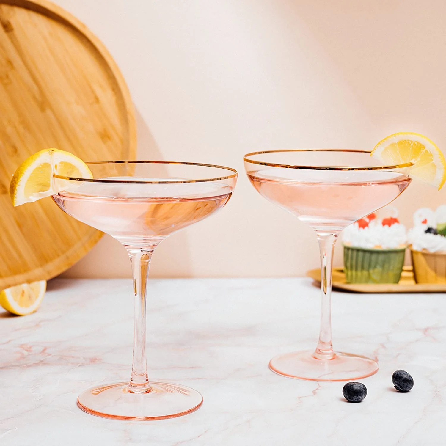 Colored Blush Pink & Gilded Rim Coupe Glass, Large 9oz - Keen Glass Solutions