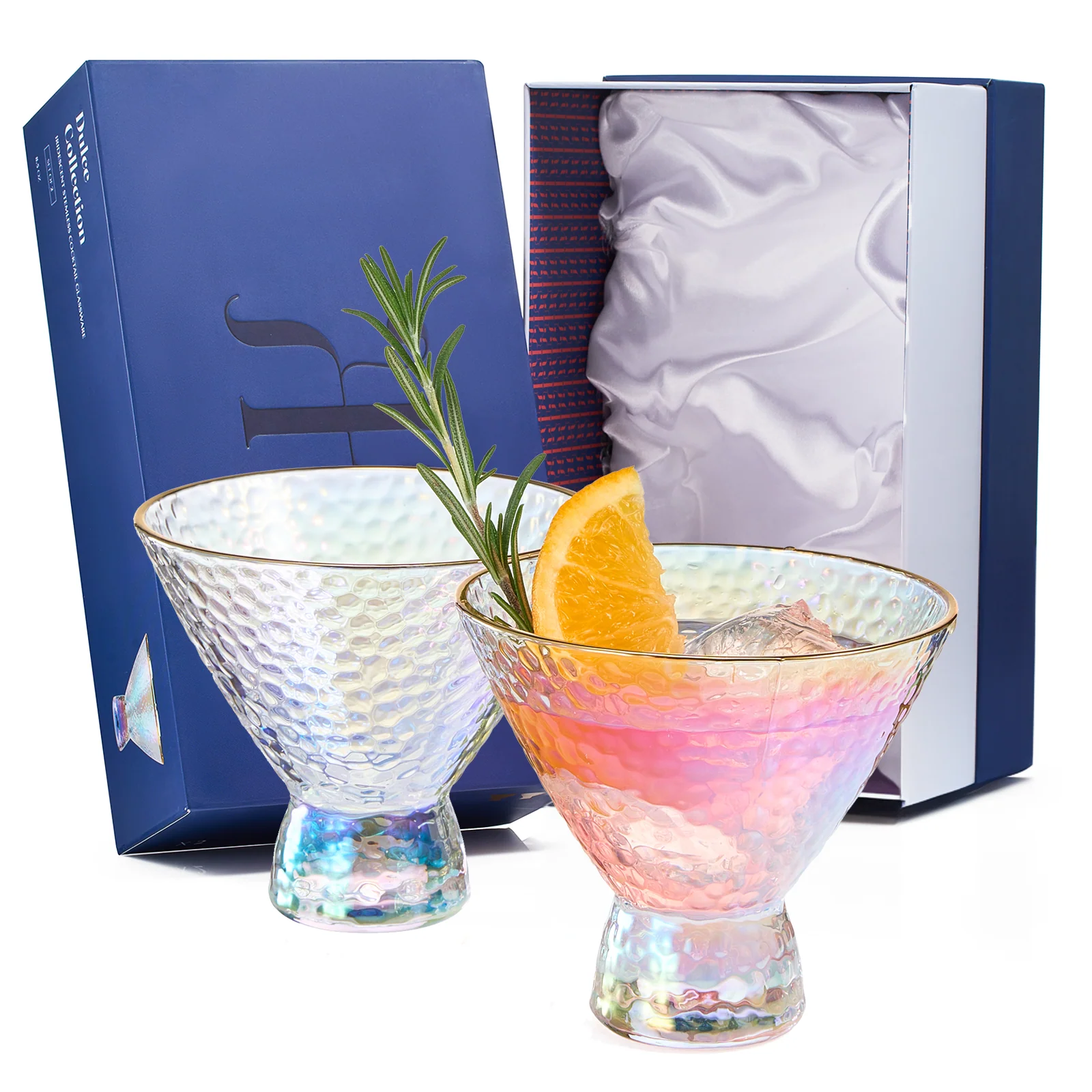 Iridescent Lustered Stemless Martini Glasses Set of 2 - Keen Glass Solutions