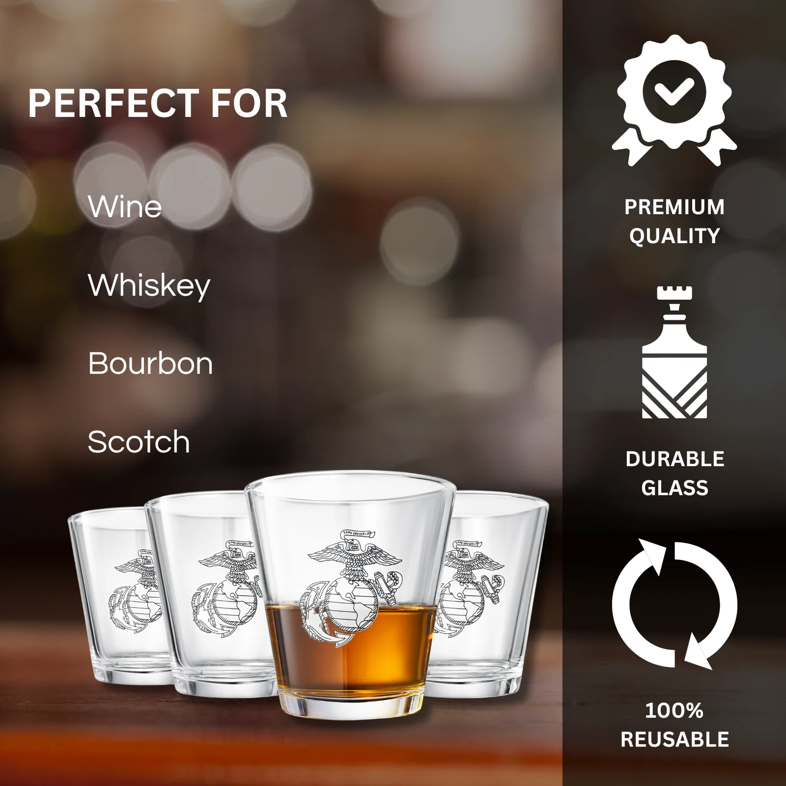 Marine USMC Whiskey & Wine Glasses Set of 4 - Keen Glass Solutions