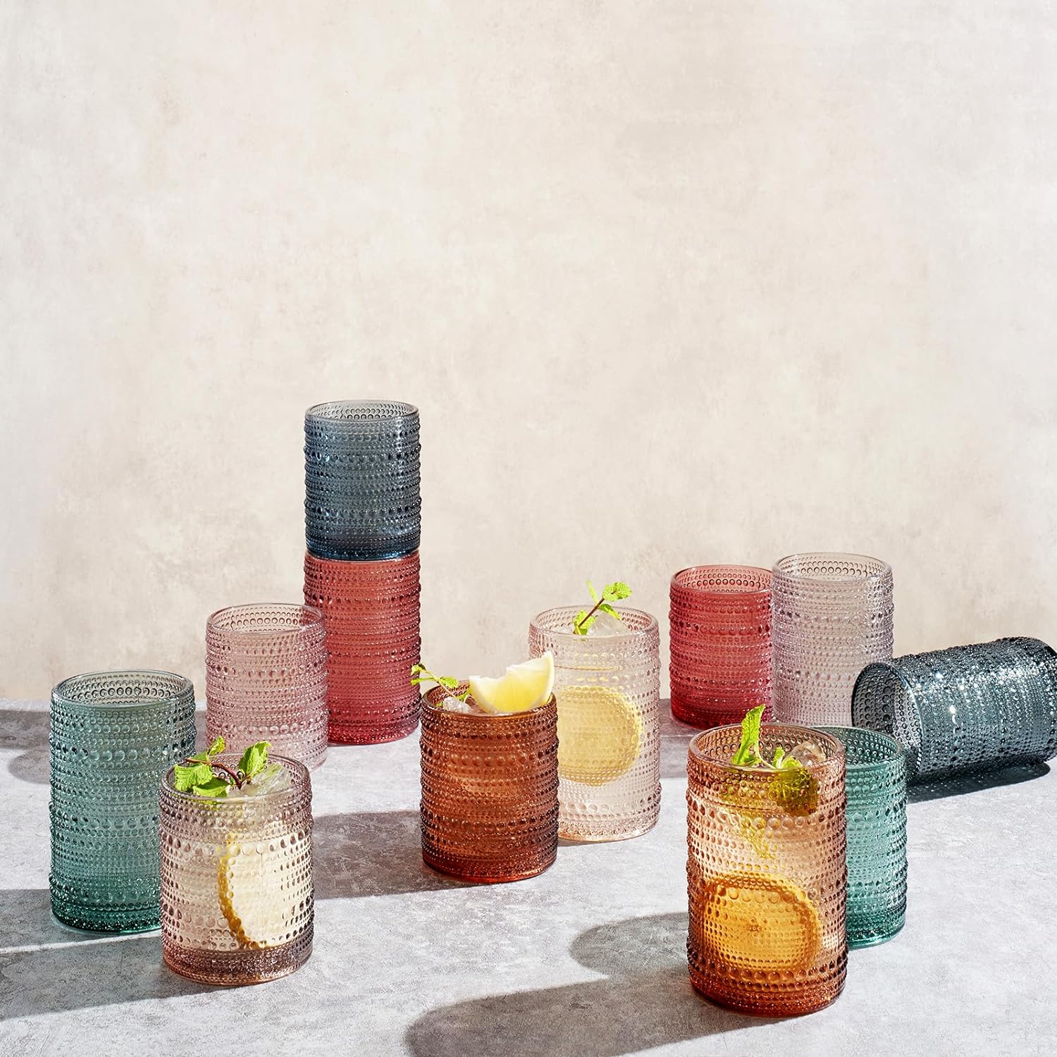 Hobnail Drinking Glasses Pastel Colored Beaded Drinking | Set of 12 - Keen Glass Solutions