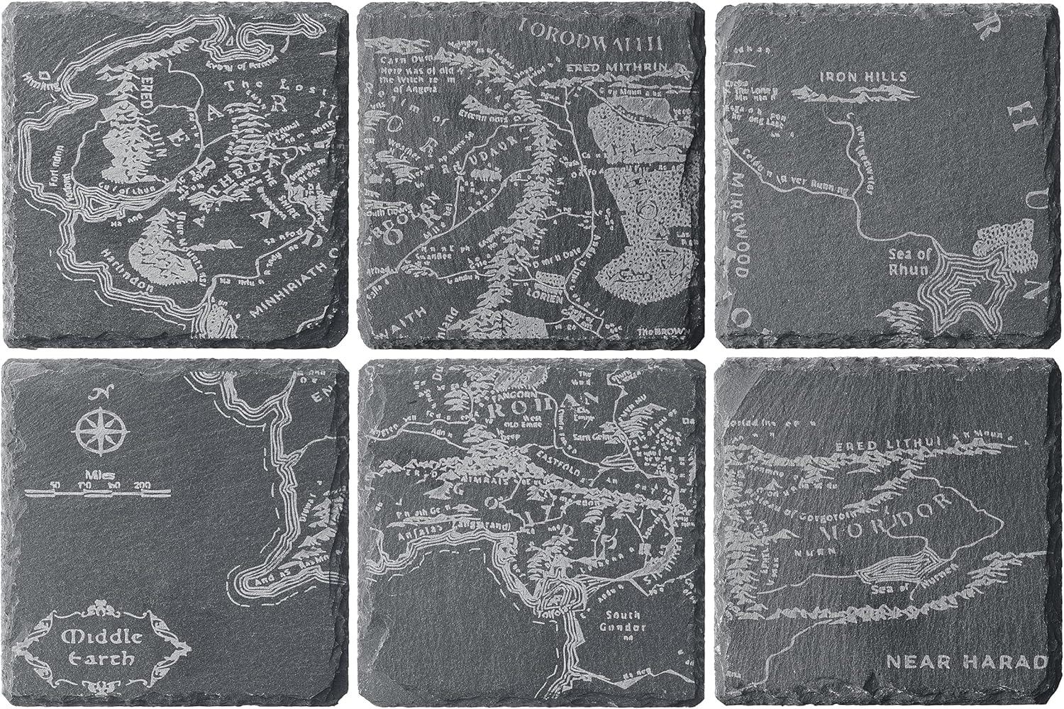 Middle Earth Map Coasters Set of 6 - Fantasy Slate Drink Coasters - Keen Glass Solutions