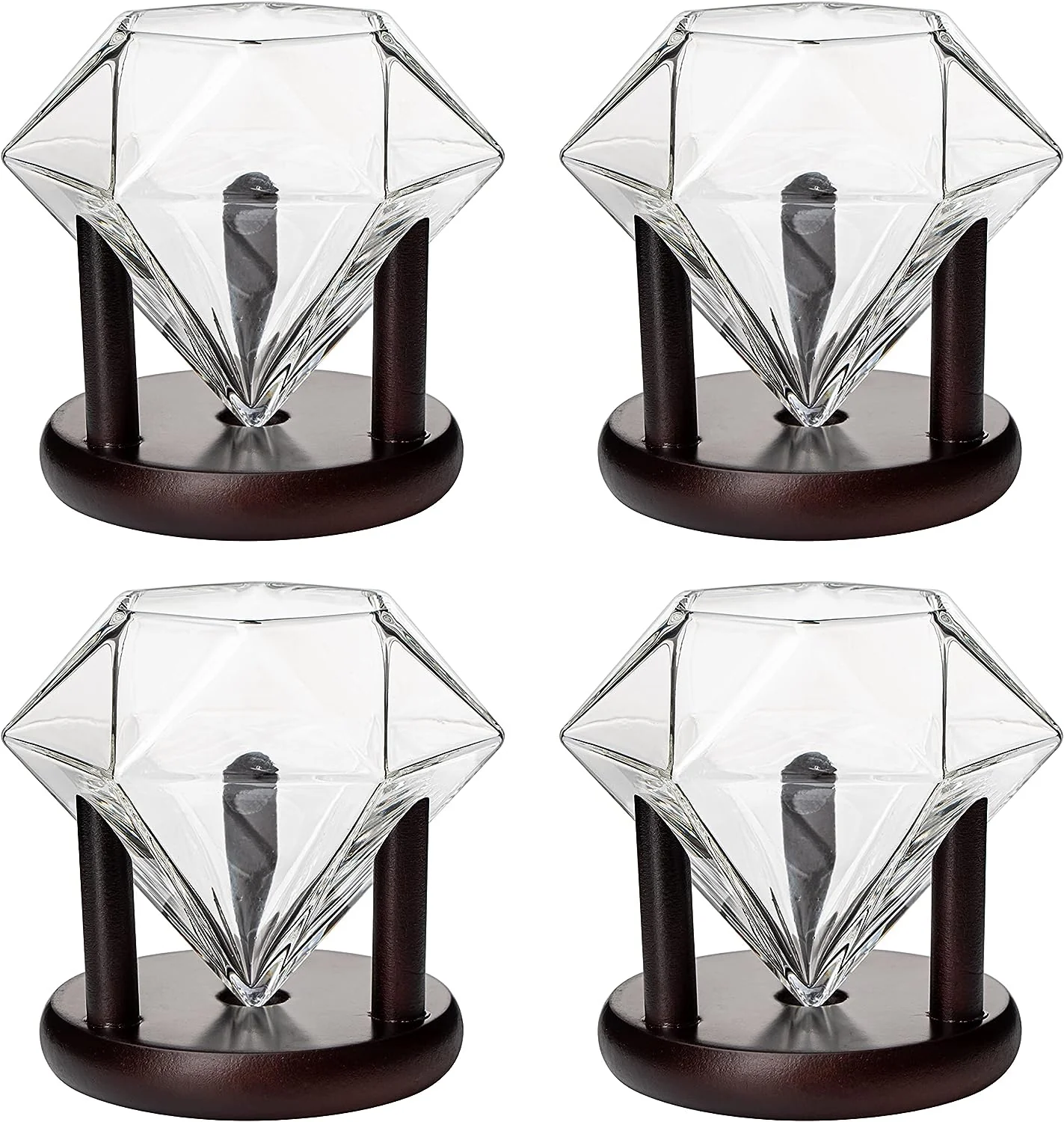 Set of 4 Diamond Whiskey & Wine Glasses With Wood Stands 10oz - Keen Glass Solutions