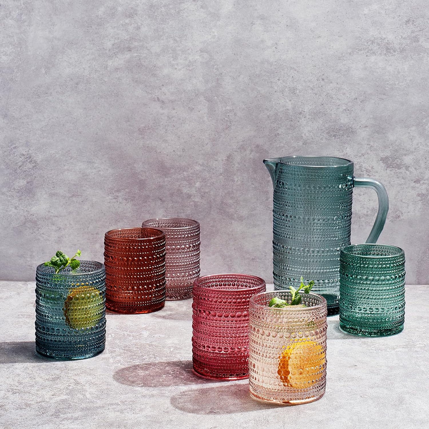 Hobnail Beaded Pitcher & Tumbler Glasses Set | Set of 6 - Keen Glass Solutions