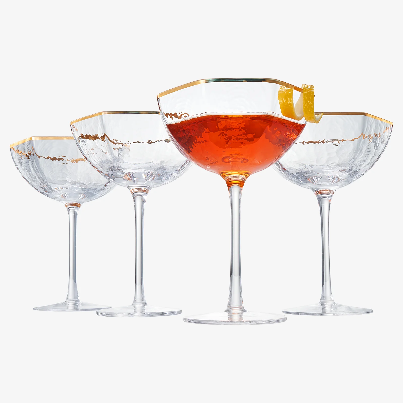 Vintage Crystal Champagne Coupe Gold Rim Hexagonal Angled Glasses | Set of 4 | 6 oz - Keen Glass Solutions
