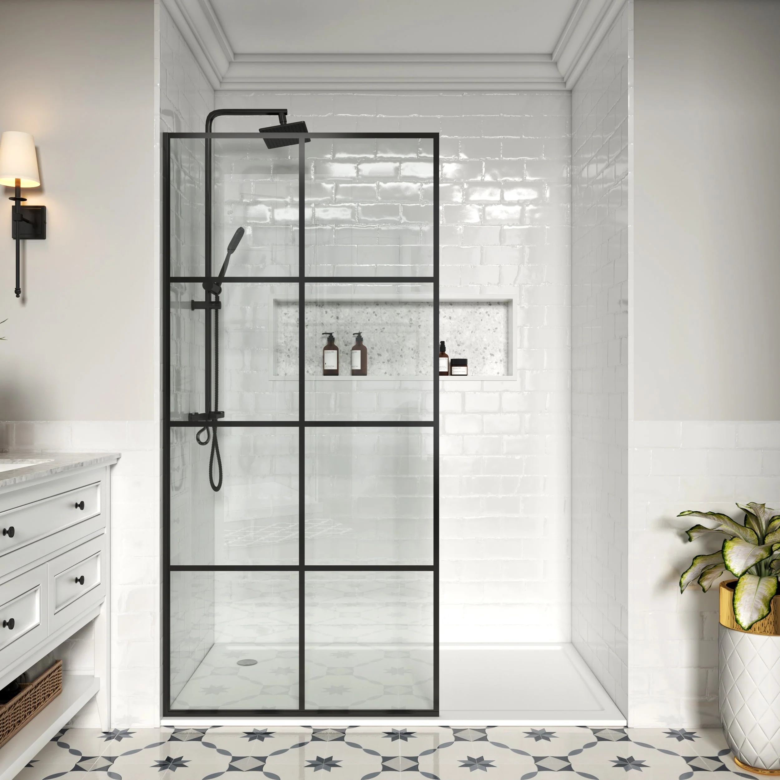 French Fixed Screen Shower Door in Matte Black with Grid Glass - W01C - Keen Glass Solutions
