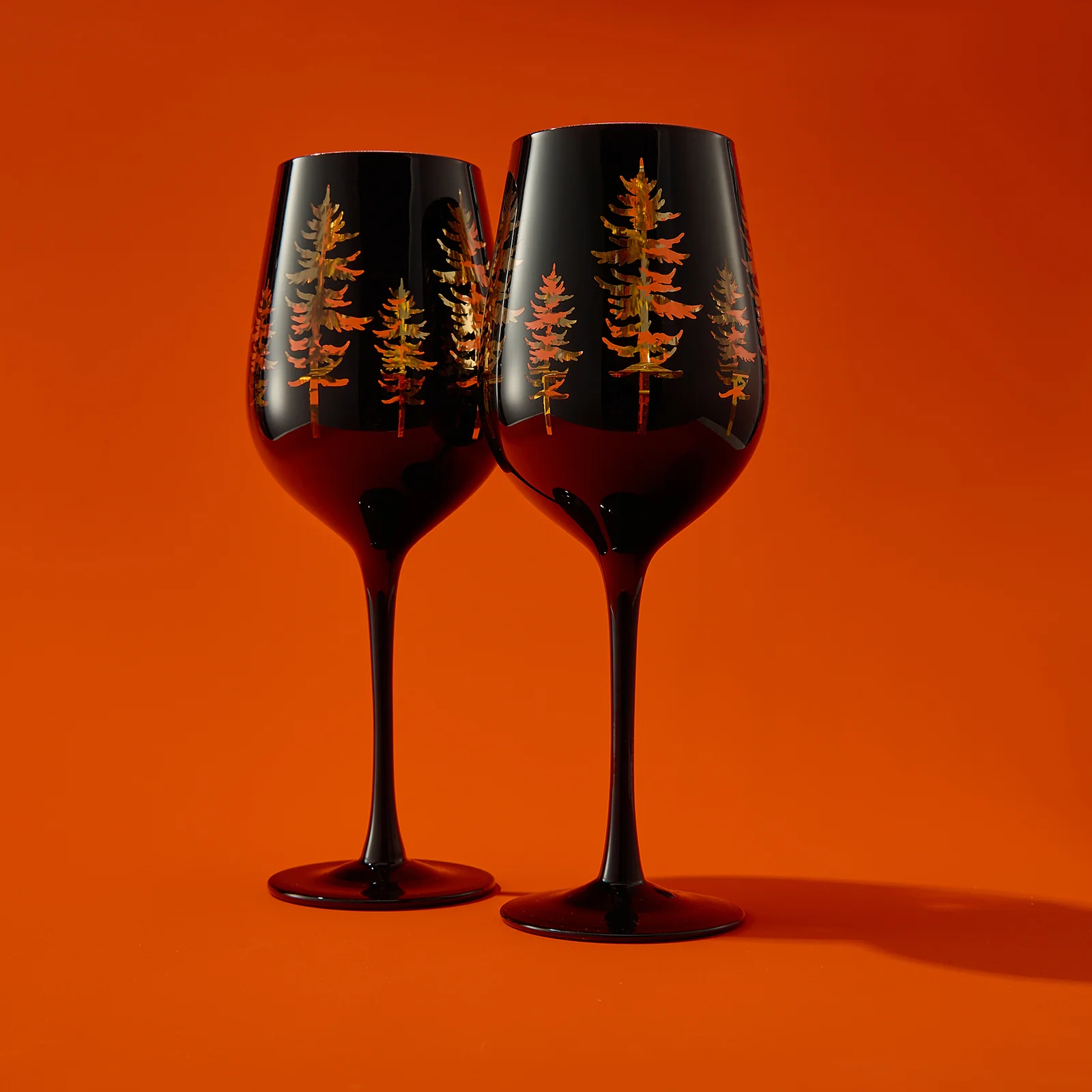 Crystal Winter Trees Black & Gold Stemmed Wine Glasses - Set of 2 - Keen Glass Solutions