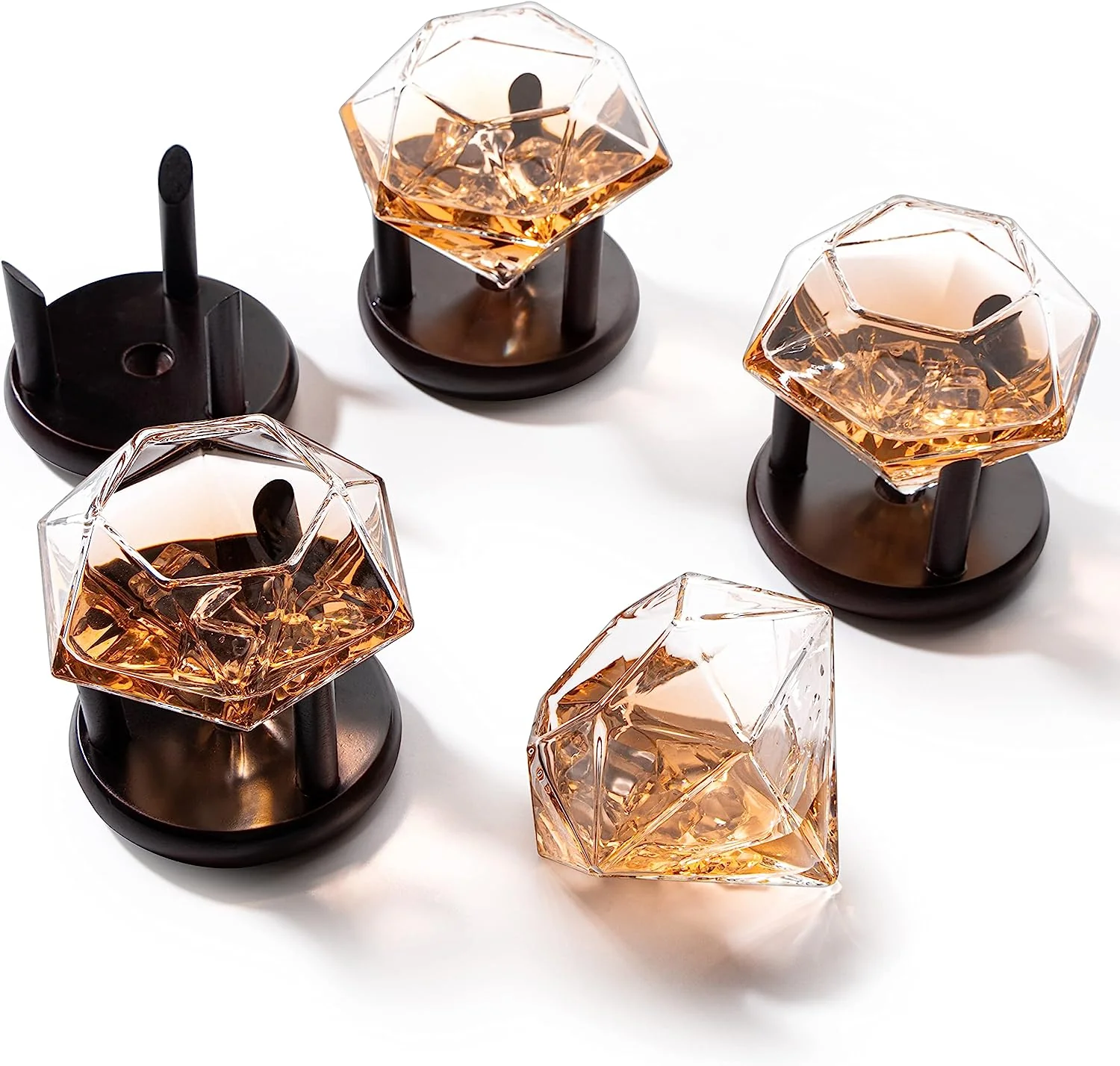 Set of 4 Diamond Whiskey & Wine Glasses With Wood Stands 10oz - Keen Glass Solutions