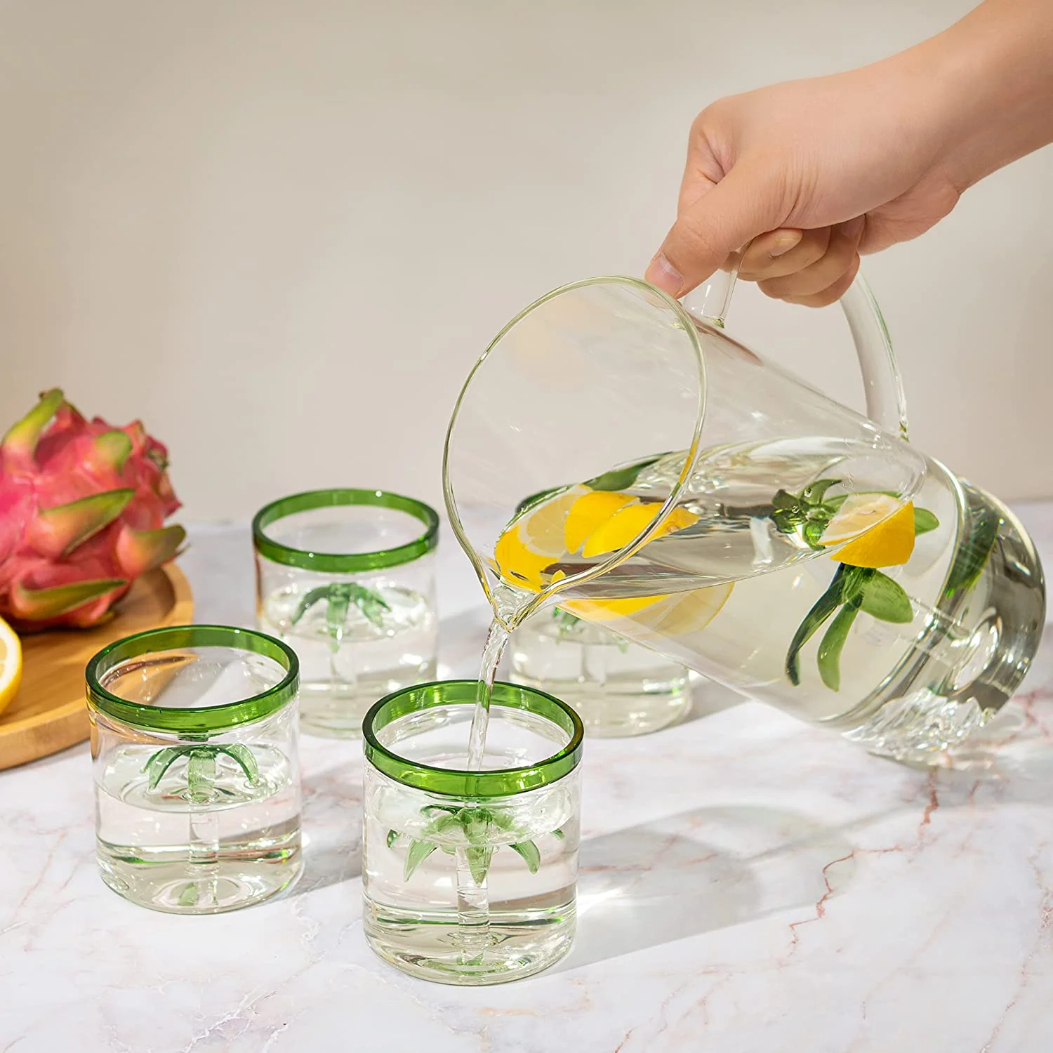 Palm Tree Pitcher & 4 Glasses Set Decanter, 9 oz - Keen Glass Solutions