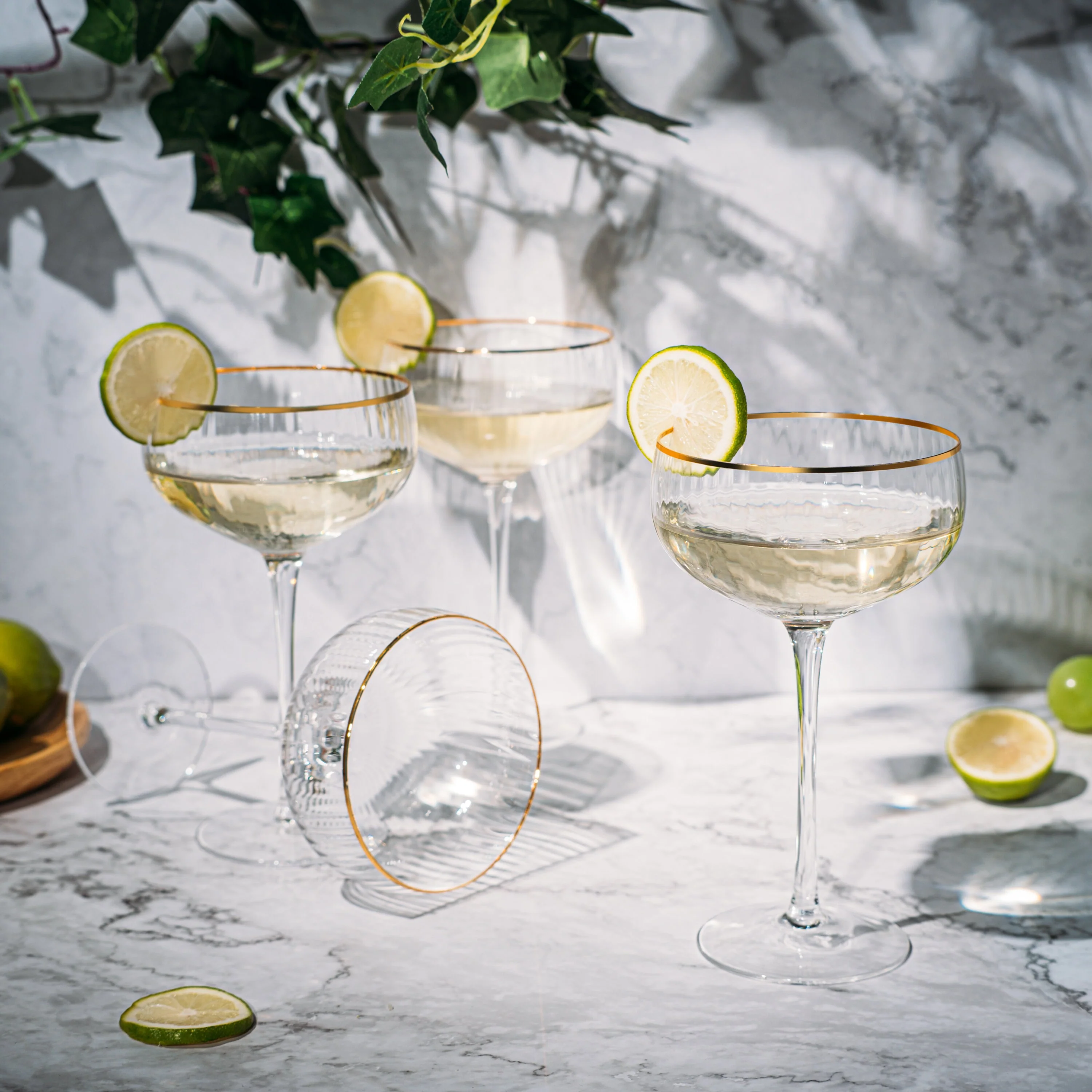 Gold Rim Glasses 7 oz, Set of 4 Gold Rim Classic Manhattan Glasses (Ribbed) - Keen Glass Solutions