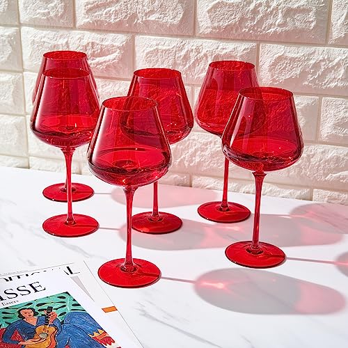 Colored Crystal Wine Glass Set of 6 - Large 20 oz Glasses (Bright Red) - Keen Glass Solutions