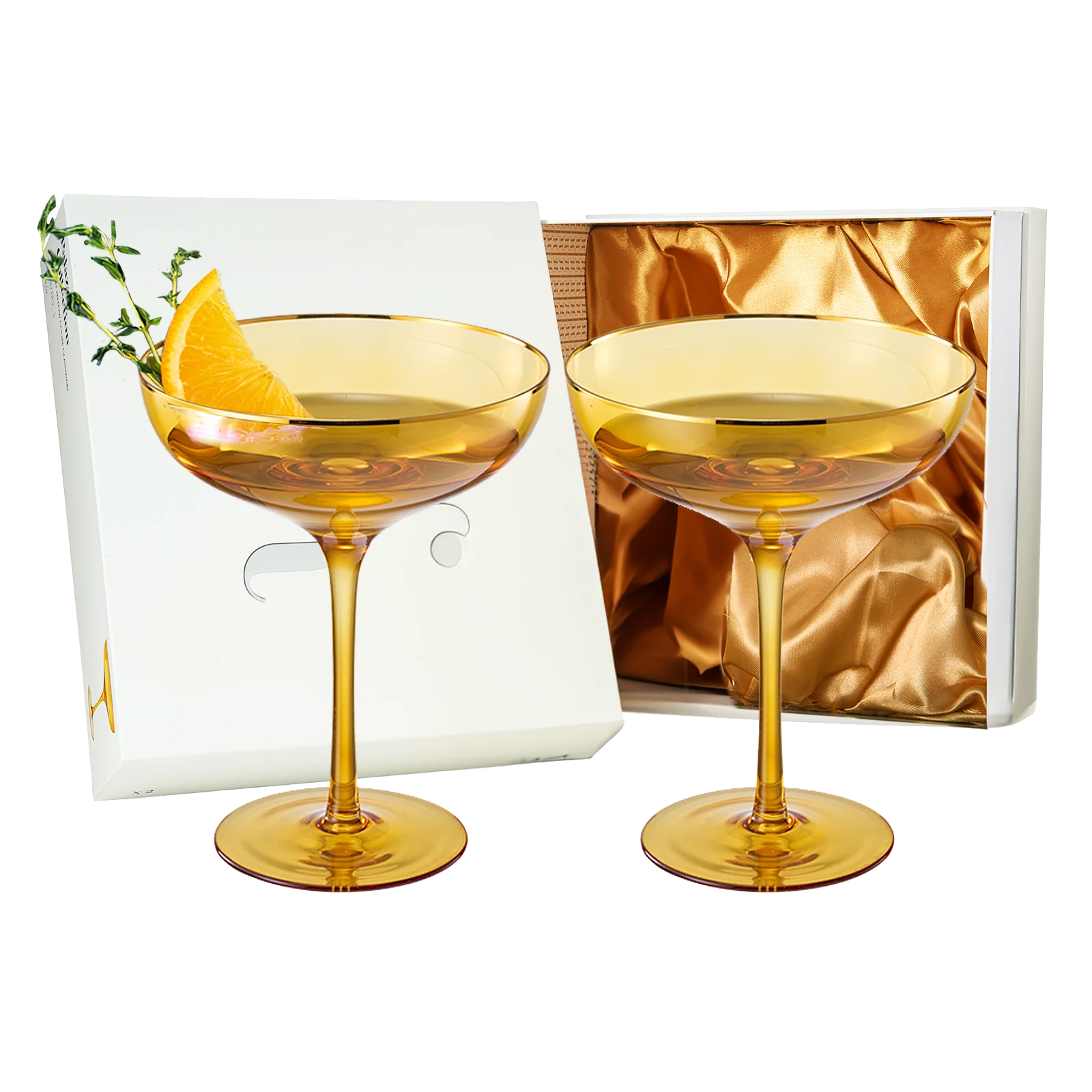 Colored Sunset Yellow & Gilded Rim Coupe Glass, 9oz - Keen Glass Solutions
