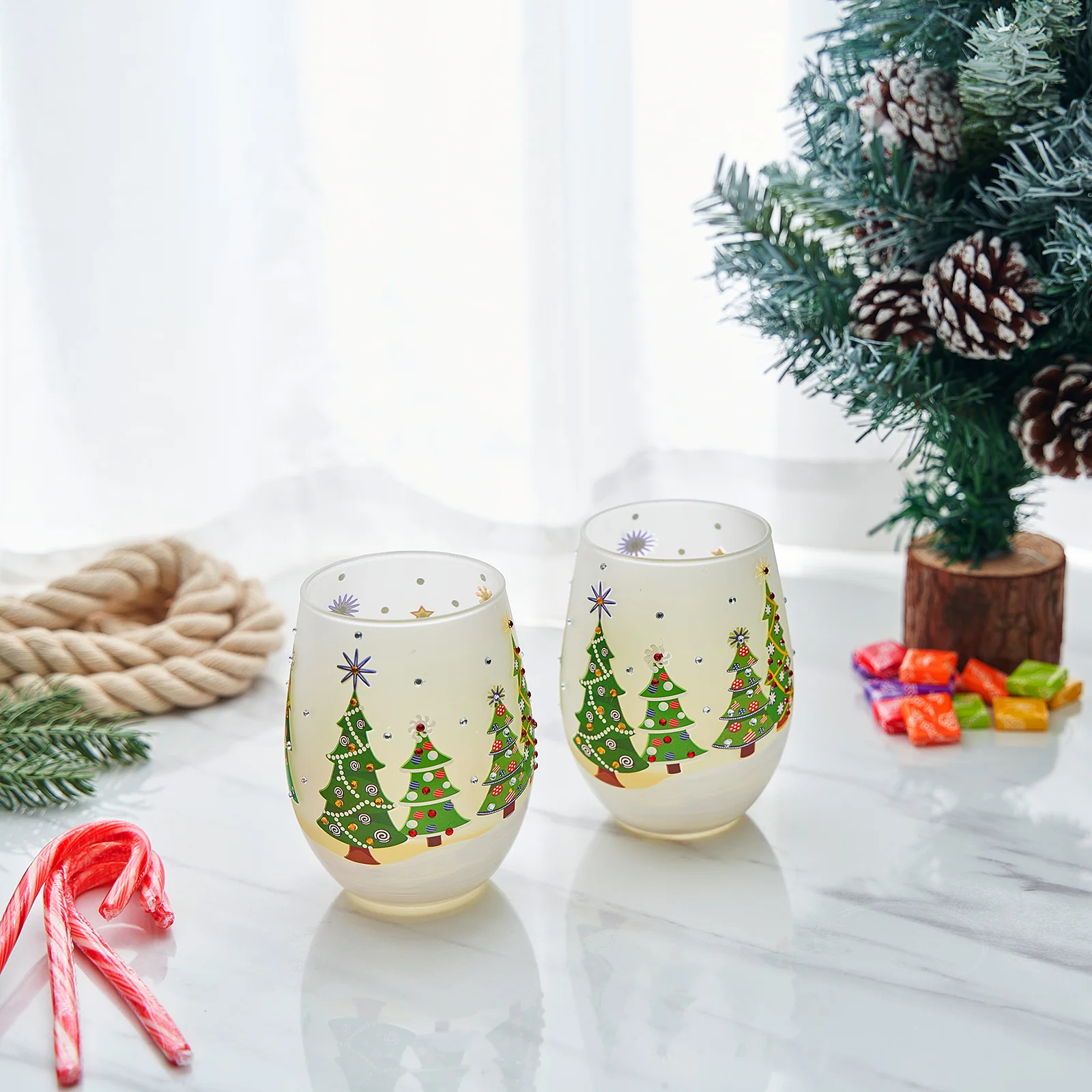Christmas Tree Holiday Themed Wine & Water Glasses - Set of 2 - Keen Glass Solutions